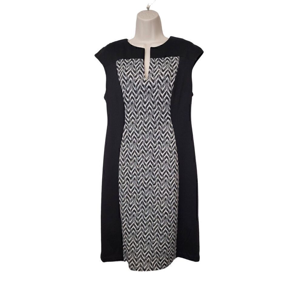 Connected Apparel Stretch Sheath Black/White Chevron Panel Dress 12 V-Neck